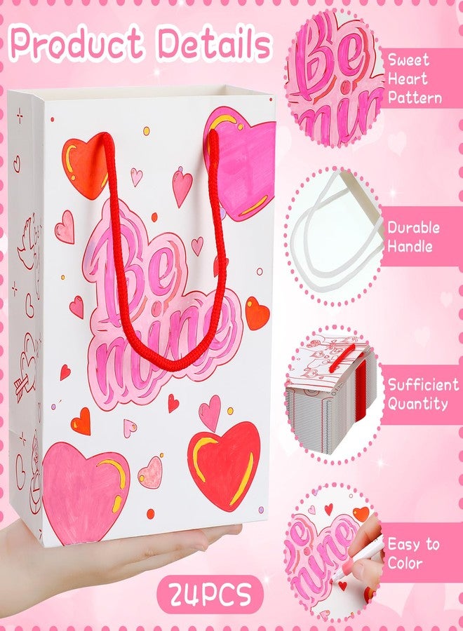 Resholder 24 Pcs Color Your Own Valentine Gift Bags with Handle Heart Paper Candy Goodie Bags to Paint DIY Coloring Crafts Exchange Gifts for Valentine's Day Party Favors - Image 3